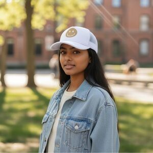 White Trucker Hat with Gold Smiley Face